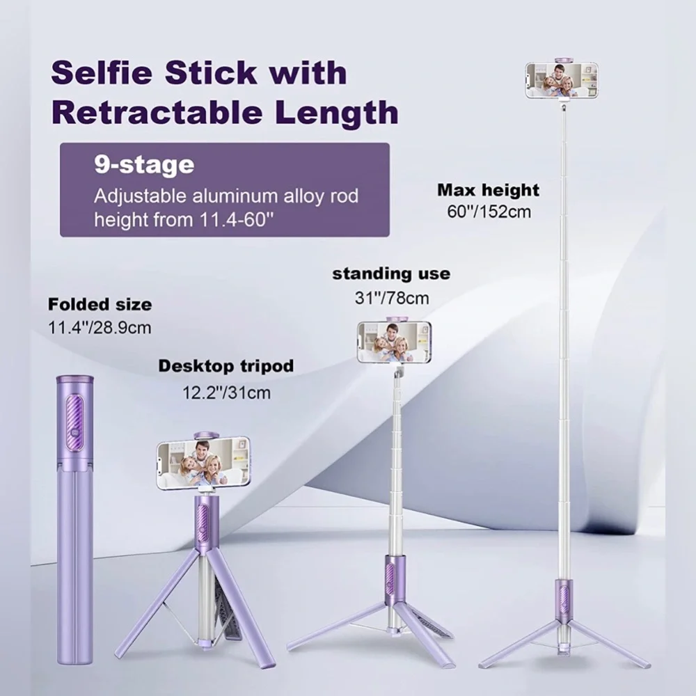 BRAND NEW PURPLE SELFIE STICK 60”TRIPOD COMBO. ALL IN 1 WITH WIRELESS REMOTE